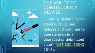 THE ABILITY TO
CONTINUOUSLY
DELIVER
… can “withstand cyber-
attacks, faults, and
failures and continue to
operate even in a
degraded or debilitated
state” (NIST 800-160v2
2018).
 