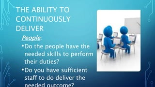 THE ABILITY TO
CONTINUOUSLY
DELIVER
People:
•Do the people have the
needed skills to perform
their duties?
•Do you have sufficient
staff to do deliver the
 