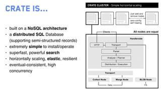 Crate is...
• built on a NoSQL architecture
• a distributed SQL Database
(supporting semi-structured records)
• extremely ...