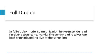 Full Duplex
In full-duplex mode, communication between sender and
receiver occurs concurrently. The sender and receiver can
both transmit and receive at the same time.
 