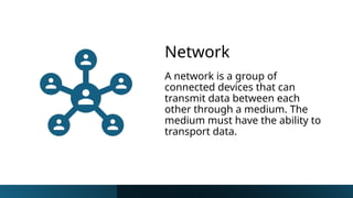 Network
A network is a group of
connected devices that can
transmit data between each
other through a medium. The
medium must have the ability to
transport data.
 