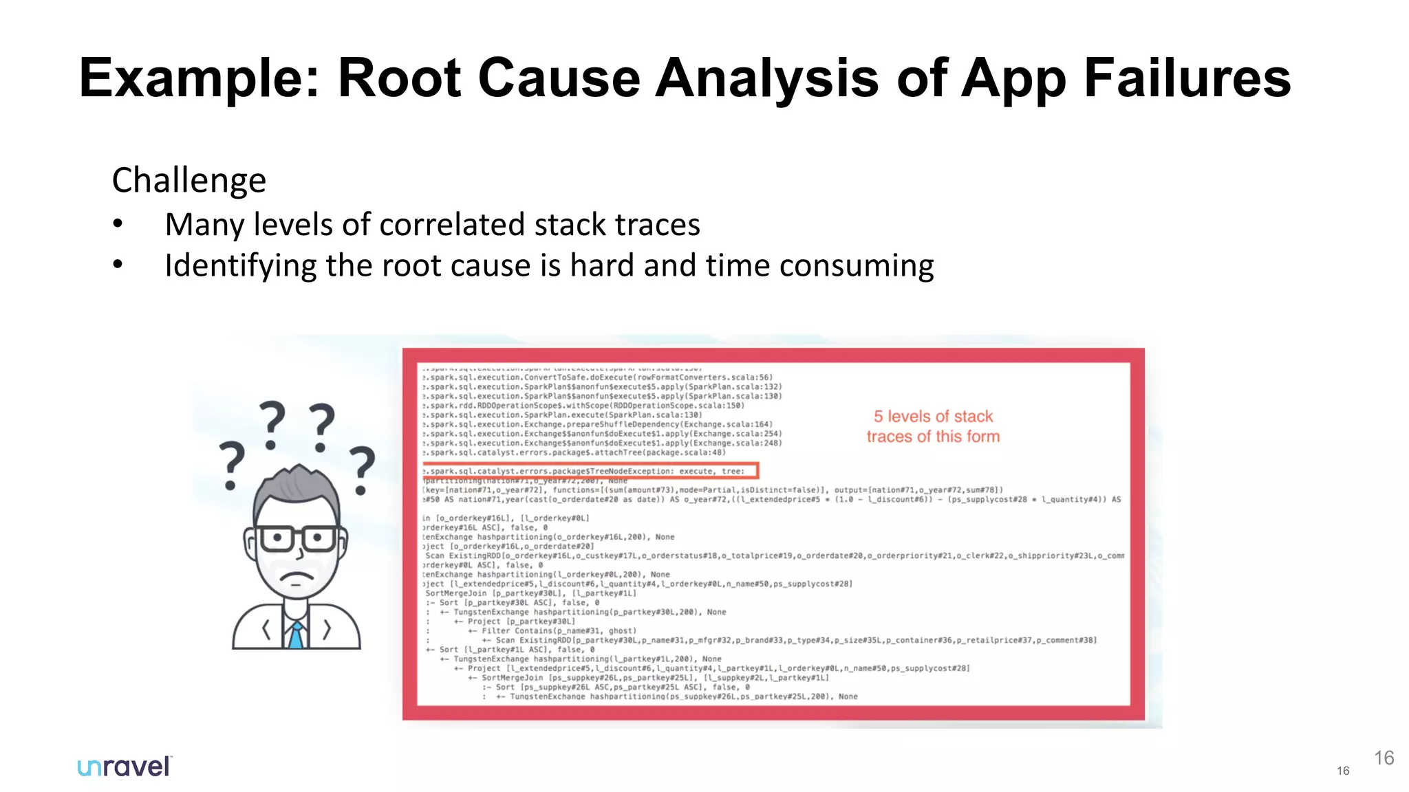 16
Example: Root Cause Analysis of App Failures
16
Challenge
• Many levels of correlated stack traces
• Identifying the root cause is hard and time consuming
 