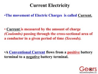 •The movement of Electric Charges is called Current.
• Current is measured by the amount of charge
(Coulombs) passing through the cross-sectional area of
a conductor in a given period of time (Seconds).
•A Conventional Current flows from a positive battery
terminal to a negative battery terminal.
Current Electricity
 