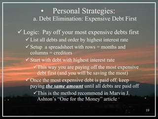 Personal Strategies:  a. Debt Elimination: Expensive Debt First Logic:  Pay off your most expensive debts first List all debts and order by highest interest rate Setup  a spreadsheet with rows = months and  columns = creditors Start with debt with highest interest rate This way you are paying off the most expensive debt first (and you will be saving the most) Once the most expensive debt is paid off, keep paying  the same amount  until all debts are paid off This is the method recommend in Marvin J. Ashton’s “One for the Money” article 