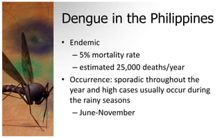 Dengue in the Philippines
• Endemic
   – 5% mortality rate
   – estimated 25,000 deaths/year
• Occurrence: sporadic throughout the
  year and high cases usually occur during
  the rainy seasons
   – June-November
 