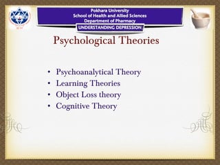 Psychological Theories
• Psychoanalytical Theory
• Learning Theories
• Object Loss theory
• Cognitive Theory
 