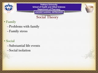 Social Theory
•Family
–Problems with family
–Family stress
•Social
–Substantial life events
–Social isolation
 