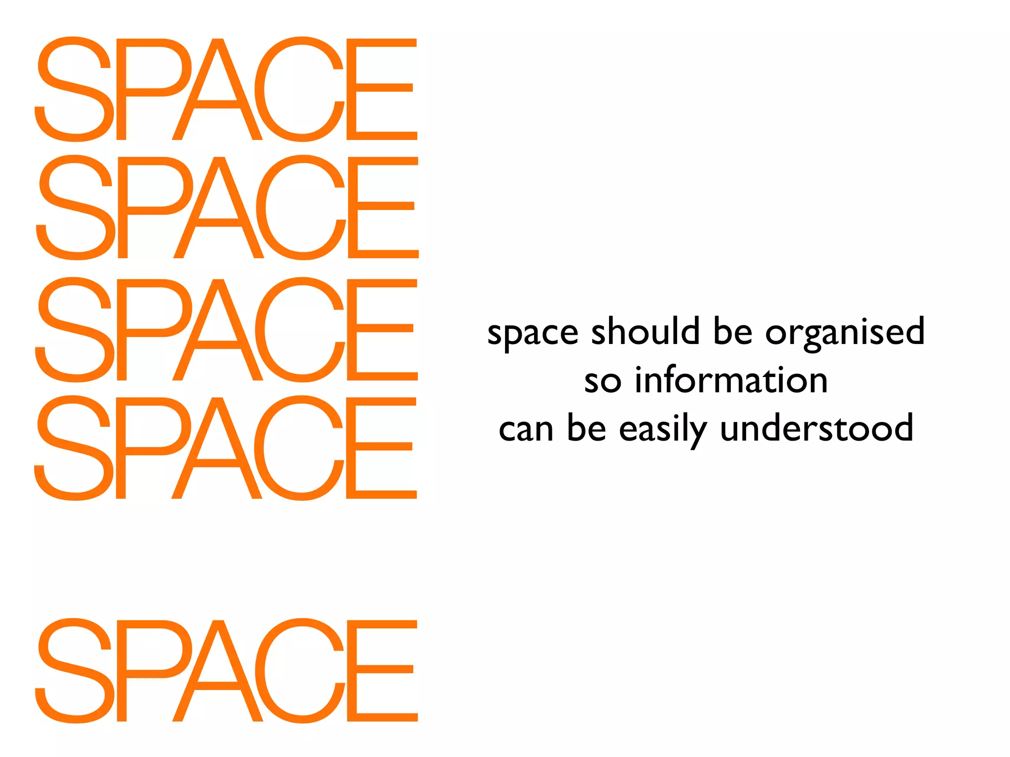 SPACE
SPACE
SPACE   space should be organised
              so information

SPACE    can be easily understood




SPACE
 