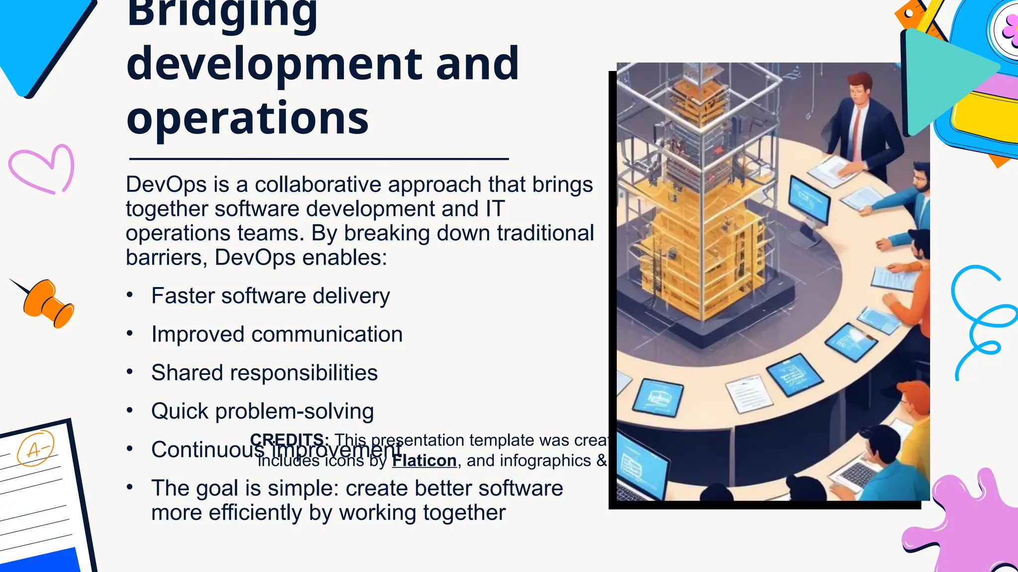 CREDITS: This presentation template was created by Slidesgo, and
includes icons by Flaticon, and infographics & images by Freepik
Bridging
development and
operations
DevOps is a collaborative approach that brings
together software development and IT
operations teams. By breaking down traditional
barriers, DevOps enables:
• Faster software delivery
• Improved communication
• Shared responsibilities
• Quick problem-solving
• Continuous improvement
• The goal is simple: create better software
more efficiently by working together
 