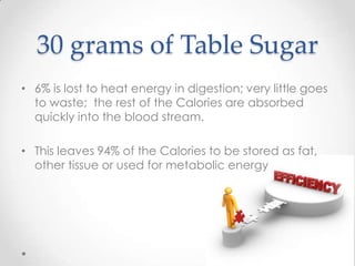 30 grams of Table Sugar
• 6% is lost to heat energy in digestion; very little goes
to waste; the rest of the Calories are absorbed
quickly into the blood stream.
• This leaves 94% of the Calories to be stored as fat,
other tissue or used for metabolic energy

 