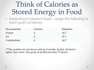 Think of Calories as
Stored Energy in Food
• Measuring a Calorie in food – assign the following to
each gram as follows:

***The numbers do not always add up. Consider alcohol. Alcohol is
lighter than water. One gram of alcohol provides 7 Calories

 