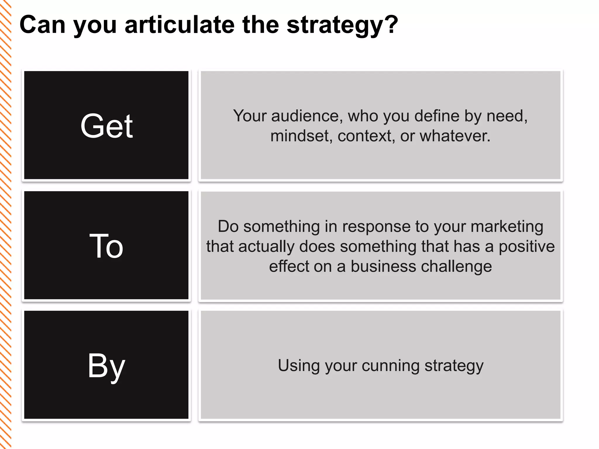 Can you articulate the strategy?


                  Your audience, who you define by need,
     Get               mindset, context, or whatever.




                 Do something in response to your marketing
     To        that actually does something that has a positive
                        effect on a business challenge




     By                 Using your cunning strategy
 