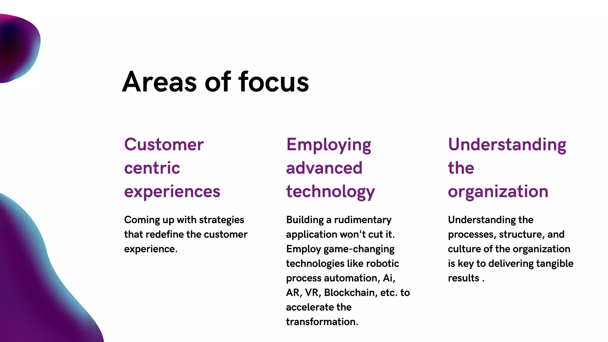 Areas of focus
Customer
centric
experiences
Coming up with strategies
that redefine the customer
experience.
Employing
advanced
technology
Building a rudimentary
application won't cut it.
Employ game-changing
technologies like robotic
process automation, Ai,
AR, VR, Blockchain, etc. to
accelerate the
transformation.
Understanding
the
organization
Understanding the
processes, structure, and
culture of the organization
is key to delivering tangible
results .
 