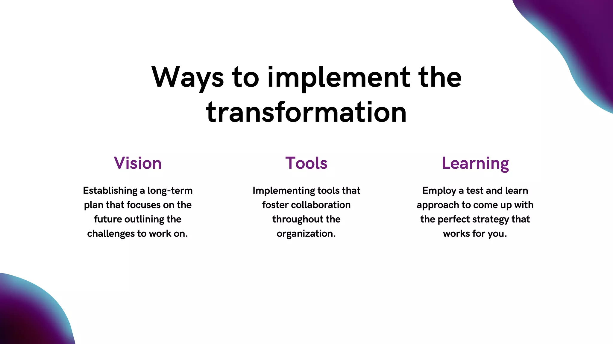 Ways to implement the
transformation
Vision
Establishing a long-term
plan that focuses on the
future outlining the
challenges to work on.
Tools
Implementing tools that
foster collaboration
throughout the
organization.
Learning
Employ a test and learn
approach to come up with
the perfect strategy that
works for you.
 