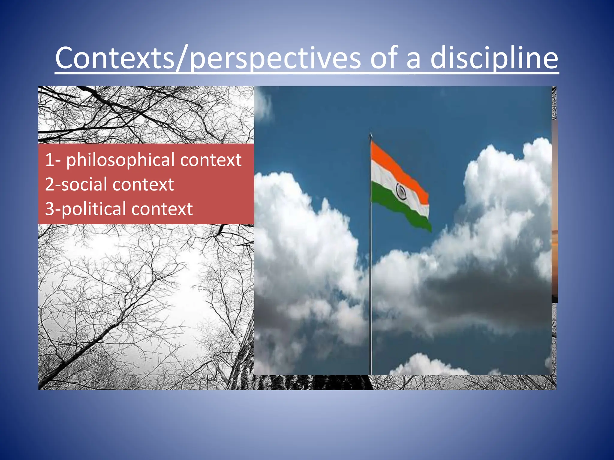 Contexts/perspectives of a discipline
1- philosophical context
2-social context
3-political context
 