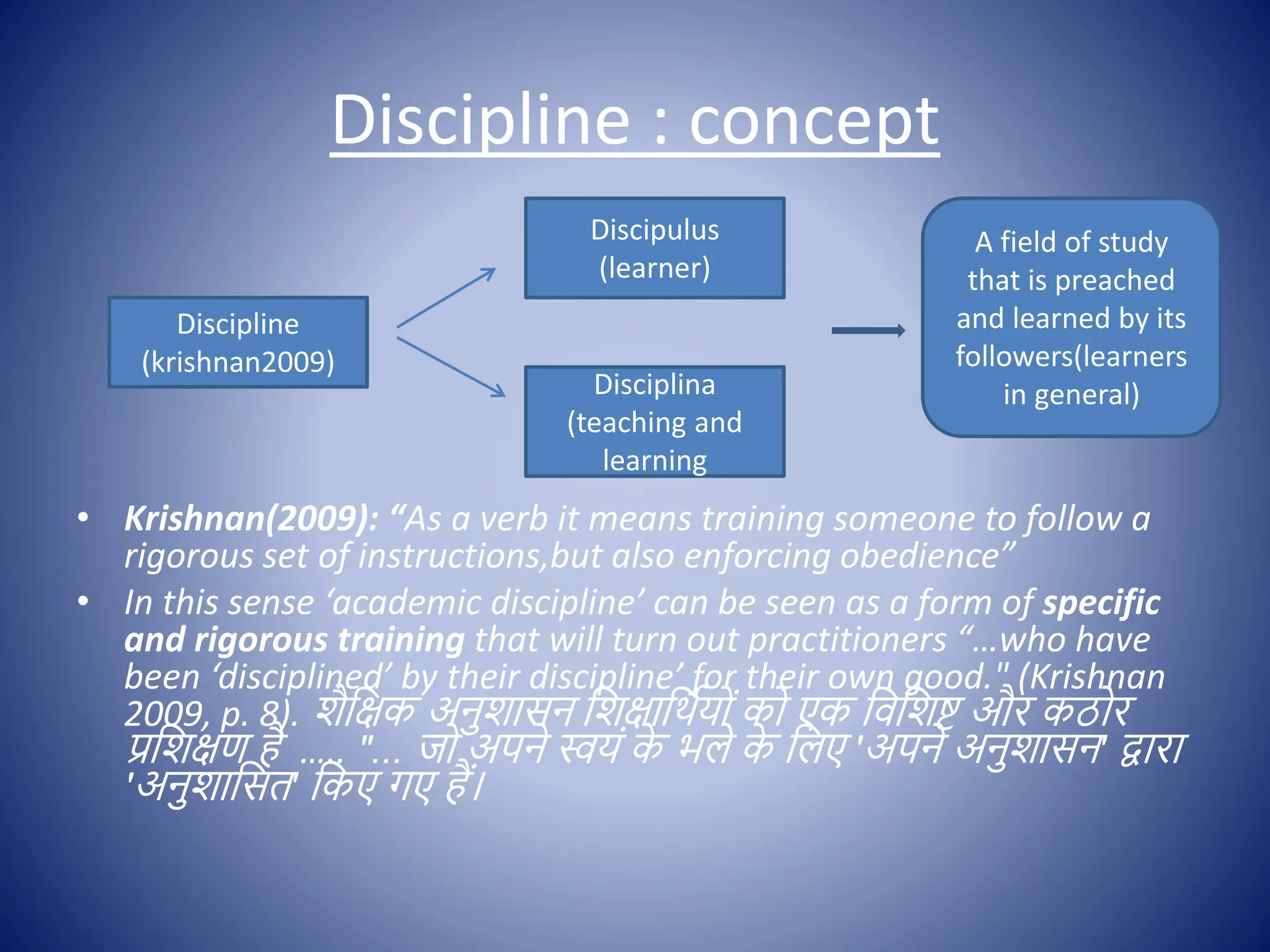 Discipline : concept
• Krishnan(2009): “As a verb it means training someone to follow a
rigorous set of instructions,but also enforcing obedience”
• In this sense ‘academic discipline’ can be seen as a form of specific
and rigorous training that will turn out practitioners “…who have
been ‘disciplined’ by their discipline’ for their own good." (Krishnan
2009, p. 8). शैक्षिक अनुशासन क्षशिाक्षथिय ों क एक क्षिक्षशष्ट और कठ र
प्रक्षशिण है ….. "... ज अपने स्वयों क
े भले क
े क्षलए 'अपने अनुशासन' द्वारा
'अनुशाक्षसत' क्षकए गए हैं।
Discipline
(krishnan2009)
Disciplina
(teaching and
learning
Discipulus
(learner)
A field of study
that is preached
and learned by its
followers(learners
in general)
 