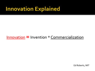 Innovation = Invention * Commercialization
Ed Roberts, MIT
 