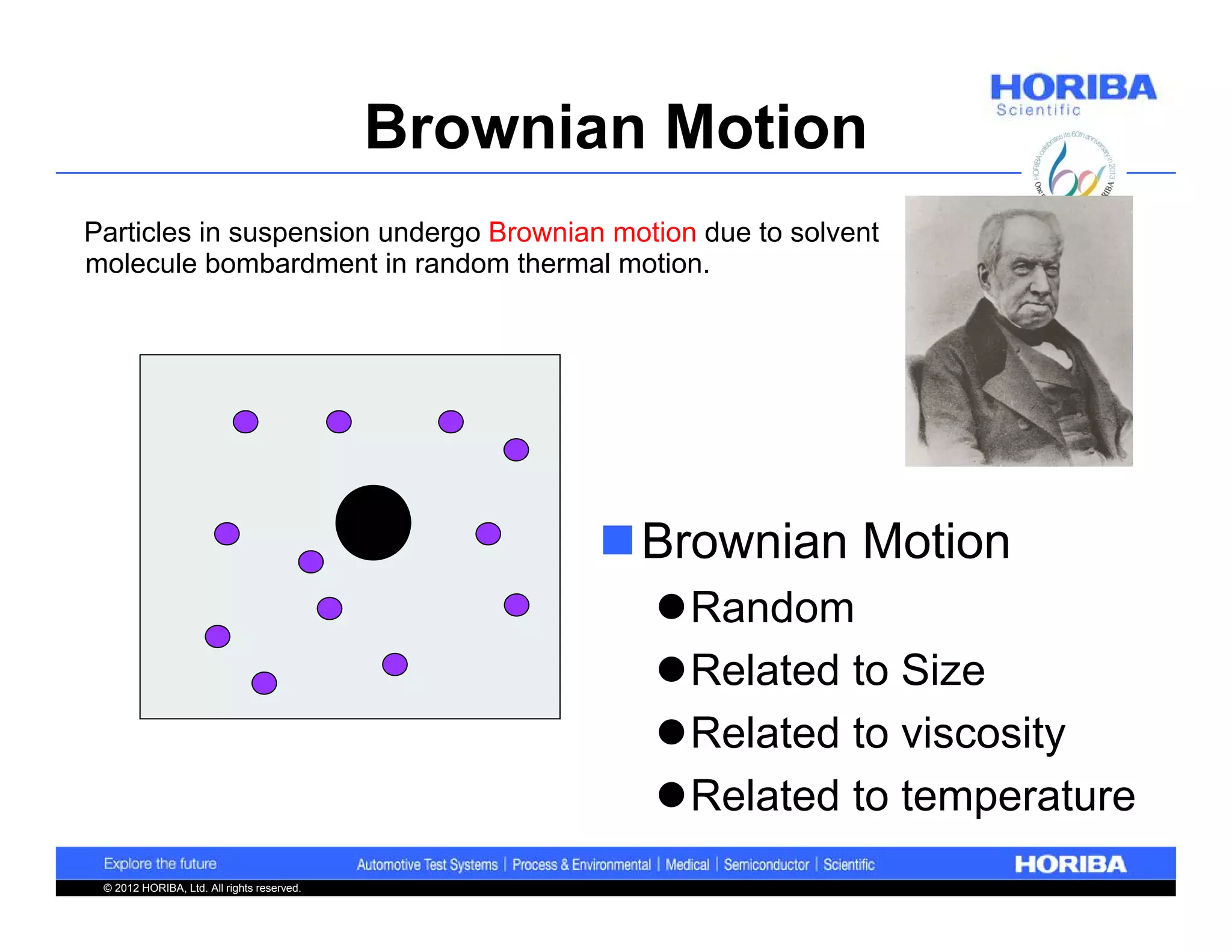 Brownian Motion
Particles in suspension undergo Brownian motion due to solvent
molecule bombardment in random thermal motion.




                                                   Brownian Motion
                                                     Random
                                                     Related to Size
                                                     Related to viscosity
                                                     Related to temperature
 © 2012 HORIBA, Ltd. All rights reserved.
 