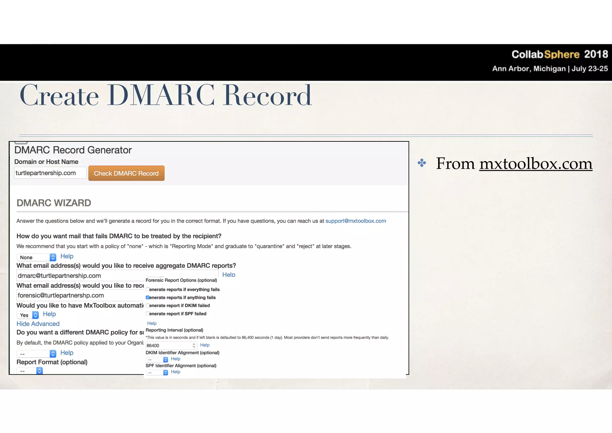 Create DMARC Record
✤ From mxtoolbox.com
 