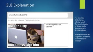 GUI Explanation
www.churvanels.com#1
“This a dangerous cat.”
- Cat Fan
SEE ALL THE HACKER CATS YOU LOVE! #1
For Example
Website has
Infinite scroll
Content is loaded
In dynamically
As the page is
Scrolled down.
Notice how the URI
Fragment is used to
Track the scroll
location
 