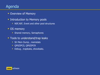 Agenda
 Overview of Memory
 Introduction to Memory pools
 NSF,NIF, Event and other pool structures
 OS memory
 Shared memory, Semaphores
 Tools to understand/trap leaks
 Sh Mem Dump , memstats
 QP0ZIPCS, QP0ZIPCR
 Debug , trapleaks, showleaks.
 