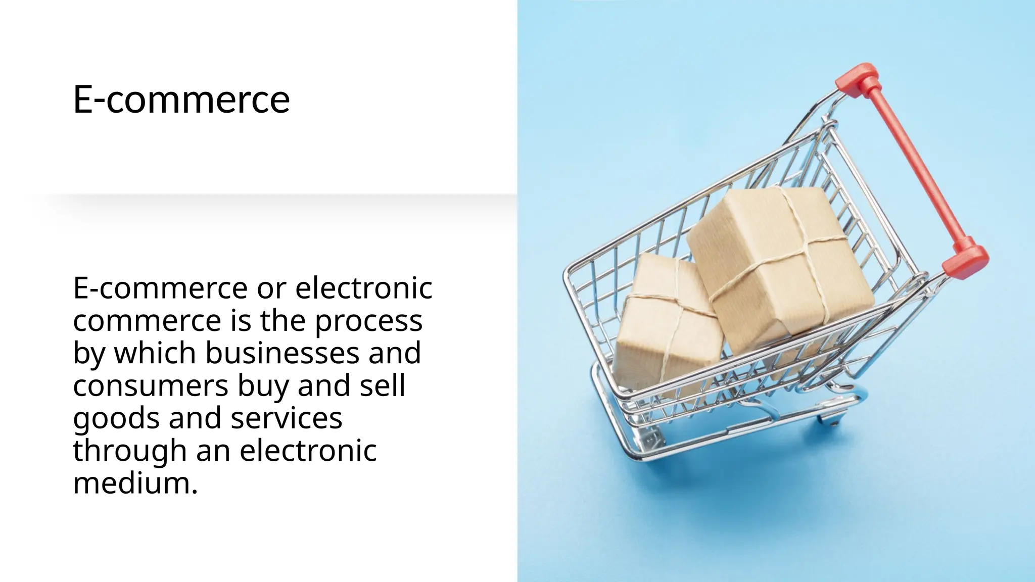 E-commerce
E-commerce or electronic
commerce is the process
by which businesses and
consumers buy and sell
goods and services
through an electronic
medium.
 