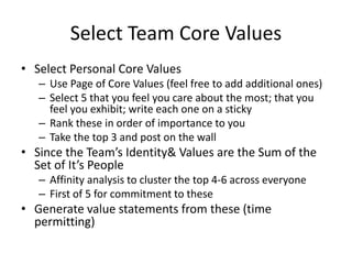 Select Team Core Values
• Select Personal Core Values
– Use Page of Core Values (feel free to add additional ones)
– Select 5 that you feel you care about the most; that you
feel you exhibit; write each one on a sticky
– Rank these in order of importance to you
– Take the top 3 and post on the wall
• Since the Team’s Identity& Values are the Sum of the
Set of It’s People
– Affinity analysis to cluster the top 4-6 across everyone
– First of 5 for commitment to these
• Generate value statements from these (time
permitting)
 