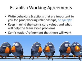 Establish Working Agreements
• Write behaviors & actions that are important to
you for good working relationships, be specific
• Keep in mind the team’s core values and what
will help the team avoid problems
• Confirmation/refinement that these will work
 