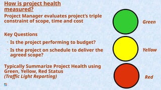 How is project health
measured?
Project Manager evaluates project’s triple
constraint of scope, time and cost
Key Questions
• Is the project performing to budget?
• Is the project on schedule to deliver the
agreed scope?
Typically Summarize Project Health using
Green, Yellow, Red Status
(Traffic Light Reporting)
Green
Yellow
Red
 