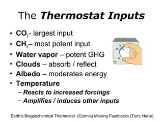 The Thermostat Inputs 
• CO2 - largest input 
• CH4 – most potent input 
• Water vapor – potent GHG 
• Clouds – absorb / reflect 
• Albedo – moderates energy 
• Temperature 
– Reacts to increased forcings 
– Amplifies / induces other inputs 
Earth’s Biogeochemical Thermostat (Cormia) Missing Feedbacks (Torn, Harte) 
 