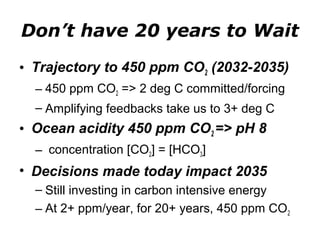 Don’t have 20 years to Wait 
• Trajectory to 450 ppm CO2 (2032-2035) 
– 450 ppm CO2 => 2 deg C committed/forcing 
– Amplifying feedbacks take us to 3+ deg C 
• Ocean acidity 450 ppm CO2 => pH 8 
– concentration [CO2] = [HCO3] 
• Decisions made today impact 2035 
– Still investing in carbon intensive energy 
– At 2+ ppm/year, for 20+ years, 450 ppm CO2 
 