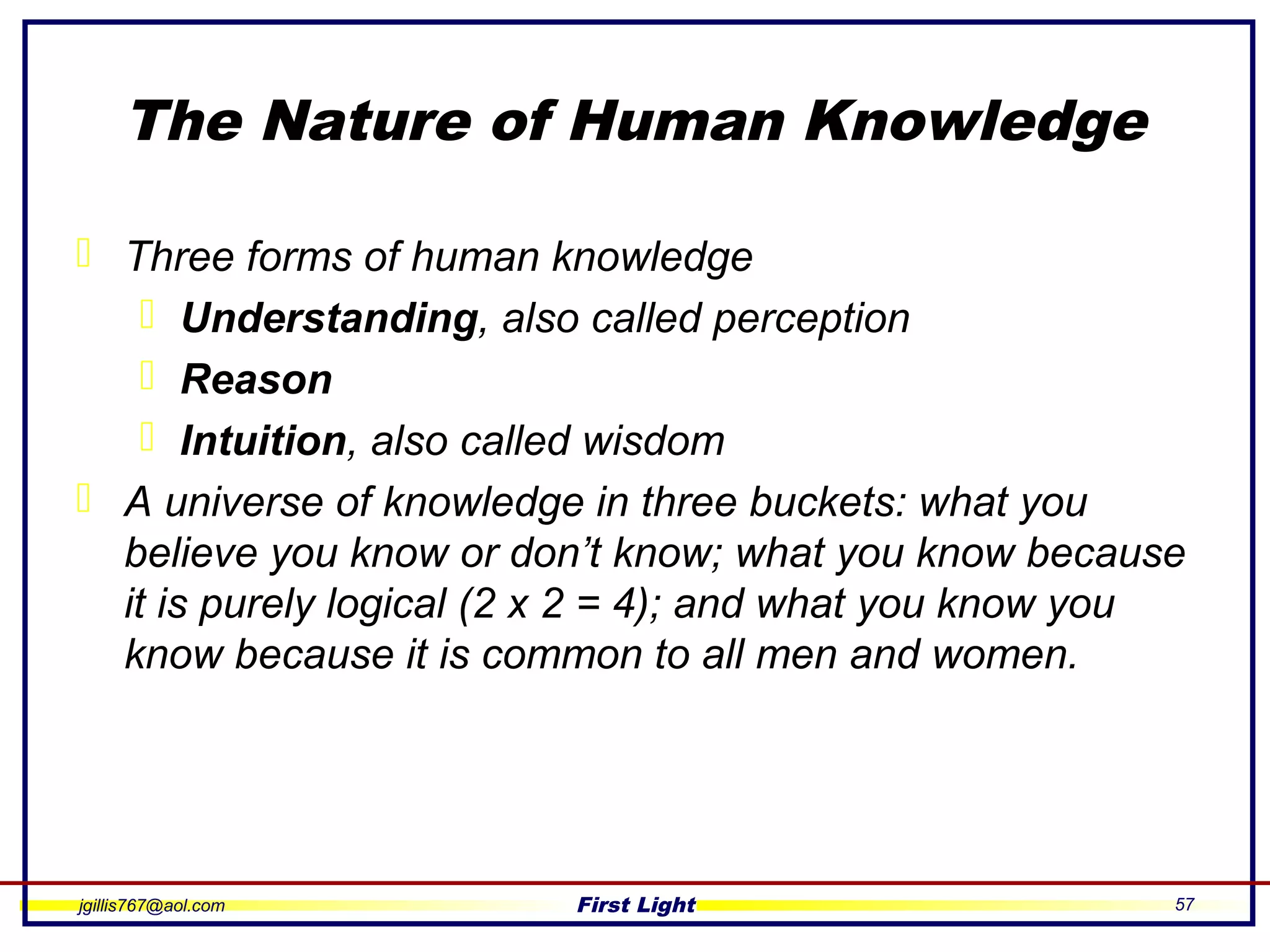 jgillis767@aol.com First Light 57
The Nature of Human Knowledge
 Three forms of human knowledge
 Understanding, also called perception
 Reason
 Intuition, also called wisdom
 A universe of knowledge in three buckets: what you
believe you know or don’t know; what you know because
it is purely logical (2 x 2 = 4); and what you know you
know because it is common to all men and women.
 