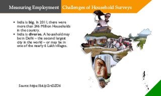 • India is big. In 2011, there were
more than 246 Million Households
in the country.
• India is diverse. A household may
be in Delhi – the second largest
city in the world – or may be in
one of the nearly 6 Lakh villages.
Source: https://bit.ly/2rtDZO6
Measuring Employment Challenges of Household Surveys
 
