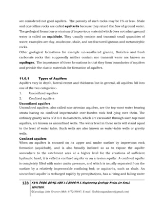 128 KYU, DCBE, BENG. CBE 2 & BEEEM 2, Engineering Geology Notes, for Sem.2,
2010/2011.
©Luwalaga John Groover (Mob: 0772450847; E-mail: Godblessugandanow@gmail.com)
are considered not good aquifers. The porosity of such rocks may be 1% or less. Shale
and crystalline rocks are called aquitards because they retard the flow of ground water.
The geological formation or stratum of impervious material which does not admit ground
water is called an aquiclude. They usually contain and transmit small quantities of
water; examples are clay, mudstone, shale, and un-fractured igneous and metamorphic
rocks.
Other geological formations for example un-weathered granite, Dolerites and fresh
carbonate rocks that supposedly neither contain nor transmit water are known as
aquifuges. The importance of these formations is that they form boundaries of aquifers
and provide the clastic materials for formation of aquifers.
11.6.1 Types of Aquifers
Aquifers vary in depth, lateral extent and thickness but in general, all aquifers fall into
one of the two categories:-
1. Unconfined aquifers
2. Confined aquifers
Unconfined aquifers
Unconfined aquifers, also called non-artesian aquifers, are the top-most water bearing
strata having no confined impermeable over-burden rock bed lying over them. The
ordinary gravity wells of 2 to 5 m diameters, which are excavated through such top most
aquifers, are known as unconfined wells. The water level in these wells will stand equal
to the level of water table. Such wells are also known as water-table wells or gravity
wells.
Confined aquifers
When an aquifers is encased on its upper and under surface by impervious rock
formation (aquiclude), and is also broadly inclined so as to expose the aquifer
somewhere to the catchment area at a higher level for the creations of sufficient
hydraulic head, it is called a confined aquifer or an artesian aquifer. A confined aquifer
is completely filled with water under pressure, and which is usually separated from the
surface by a relatively impermeable confining bed; or aquitards, such as shale. An
unconfined aquifer is recharged rapidly by precipitations, has a rising and falling water
 