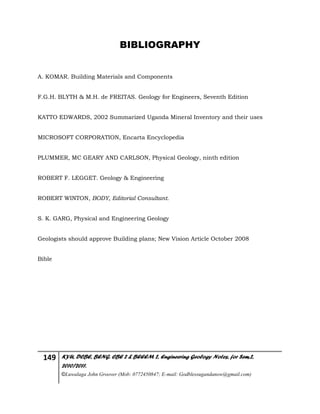 149 KYU, DCBE, BENG. CBE 2 & BEEEM 2, Engineering Geology Notes, for Sem.2,
2010/2011.
©Luwalaga John Groover (Mob: 0772450847; E-mail: Godblessugandanow@gmail.com)
BIBLIOGRAPHY
A. KOMAR. Building Materials and Components
F.G.H. BLYTH & M.H. de FREITAS. Geology for Engineers, Seventh Edition
KATTO EDWARDS, 2002 Summarized Uganda Mineral Inventory and their uses
MICROSOFT CORPORATION, Encarta Encyclopedia
PLUMMER, MC GEARY AND CARLSON, Physical Geology, ninth edition
ROBERT F. LEGGET. Geology & Engineering
ROBERT WINTON, BODY, Editorial Consultant.
S. K. GARG, Physical and Engineering Geology
Geologists should approve Building plans; New Vision Article October 2008
Bible
 