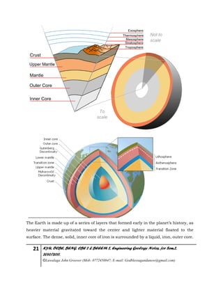21 KYU, DCBE, BENG. CBE 2 & BEEEM 2, Engineering Geology Notes, for Sem.2,
2010/2011.
©Luwalaga John Groover (Mob: 0772450847; E-mail: Godblessugandanow@gmail.com)
The Earth is made up of a series of layers that formed early in the planet’s history, as
heavier material gravitated toward the center and lighter material floated to the
surface. The dense, solid, inner core of iron is surrounded by a liquid, iron, outer core.
 