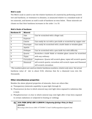 41 KYU, DCBE, BENG. CBE 2 & BEEEM 2, Engineering Geology Notes, for Sem.2,
2010/2011.
©Luwalaga John Groover (Mob: 0772450847; E-mail: Godblessugandanow@gmail.com)
Moh’s scale
The Moh’s scale is used to rate the relative hardness of a material by performing scratch
test and hardness, or resistance to abrasion, is measured relative to a standard scale of
ten minerals, and known as moh’s scale of hardness as seen below. These minerals are
chosen so that their hardness increases in the order 1 to 10.
Moh’s Scale of hardness
Hardness H Mineral
1 Tale Can be scratched with a finger nail.
2 Gypsum
3 Calcite Can easily be cut with a pen knife or scratched by copper coin
4 Fluorspar Can easily be scratched with a knife blade or window glass
5 Apatite
6 Feldspar Can be scratched with a pen knife but with difficulty
7 Quartz Scratches a knife blade or window glass cannot be scratched
with any ordinary
Implement. Quartz will scratch glass; topaz will scratch quartz
will scratch quartz; corundum will scratch topaz and Diamond
will scratch corundum
8 Topaz
9 Corundum
10 Diamond
The numbers given are used as relative hardness numbers, relative only since the actual
hardness value of talc is about 0.02, whereas that for a diamond runs into the
thousands.
Other miscellaneous properties
Besides the above physical properties of minerals, there are others like:
a) Transparency (minerals capability to pass light through it)
b) Fluorescence (is due to which mineral may emit light when exposed to radiations like
x-rays).
c) Phosphorescence ( is due to which mineral may emit light after it has been exposed
to certain radiations or subjected to heating or rubbing)
 