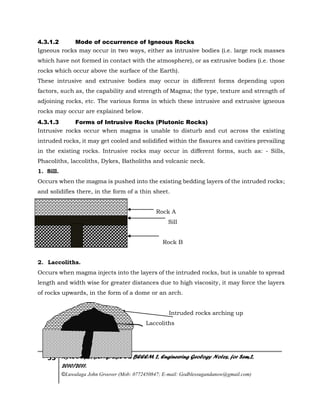 53 KYU, DCBE, BENG. CBE 2 & BEEEM 2, Engineering Geology Notes, for Sem.2,
2010/2011.
©Luwalaga John Groover (Mob: 0772450847; E-mail: Godblessugandanow@gmail.com)
4.3.1.2 Mode of occurrence of Igneous Rocks
Igneous rocks may occur in two ways, either as intrusive bodies (i.e. large rock masses
which have not formed in contact with the atmosphere), or as extrusive bodies (i.e. those
rocks which occur above the surface of the Earth).
These intrusive and extrusive bodies may occur in different forms depending upon
factors, such as, the capability and strength of Magma; the type, texture and strength of
adjoining rocks, etc. The various forms in which these intrusive and extrusive igneous
rocks may occur are explained below.
4.3.1.3 Forms of Intrusive Rocks (Plutonic Rocks)
Intrusive rocks occur when magma is unable to disturb and cut across the existing
intruded rocks, it may get cooled and solidified within the fissures and cavities prevailing
in the existing rocks. Intrusive rocks may occur in different forms, such as: - Sills,
Phacoliths, laccoliths, Dykes, Batholiths and volcanic neck.
1. Sill.
Occurs when the magma is pushed into the existing bedding layers of the intruded rocks;
and solidifies there, in the form of a thin sheet.
Rock A
Sill
Rock B
2. Laccoliths.
Occurs when magma injects into the layers of the intruded rocks, but is unable to spread
length and width wise for greater distances due to high viscosity, it may force the layers
of rocks upwards, in the form of a dome or an arch.
Intruded rocks arching up
Laccoliths
 