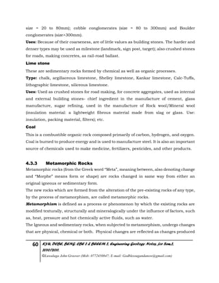60 KYU, DCBE, BENG. CBE 2 & BEEEM 2, Engineering Geology Notes, for Sem.2,
2010/2011.
©Luwalaga John Groover (Mob: 0772450847; E-mail: Godblessugandanow@gmail.com)
size = 20 to 80mm); cobble conglomerates (size = 80 to 300mm) and Boulder
conglomerates (size>300mm).
Uses: Because of their coarseness, are of little values as building stones. The harder and
denser types may be used as milestone (landmark, sign post, target); also crushed stones
for roads, making concretes, as rail-road ballast.
Lime stone
These are sedimentary rocks formed by chemical as well as organic processes.
Type: chalk, argillaceous limestone, Shelley limestone, Kankar limestone, Calc-Tuffa,
lithographic limestone, siliceous limestone.
Uses: Used as crushed stones for road making, for concrete aggregates, used as internal
and external building stones- chief ingredient in the manufacture of cement, glass
manufacture, sugar refining, used in the manufacture of Rock wool/Mineral wool
(insulation material: a lightweight fibrous material made from slag or glass. Use:
insulation, packing material, filters); etc.
Coal
This is a combustible organic rock composed primarily of carbon, hydrogen, and oxygen.
Coal is burned to produce energy and is used to manufacture steel. It is also an important
source of chemicals used to make medicine, fertilizers, pesticides, and other products.
4.3.3 Metamorphic Rocks
Metamorphic rocks (from the Greek word “Meta”, meaning between, also denoting change
and “Morphe” means form or shape) are rocks changed in same way from either an
original igneous or sedimentary form.
The new rocks which are formed from the alteration of the pre-existing rocks of any type,
by the process of metamorphism, are called metamorphic rocks.
Metamorphism is defined as a process or phenomenon by which the existing rocks are
modified texturally, structurally and mineralogically under the influence of factors, such
as, heat, pressure and hot chemically active fluids, such as water.
The Igneous and sedimentary rocks, when subjected to metamorphism, undergo changes
that are physical, chemical or both. Physical changes are reflected as changes produced
 