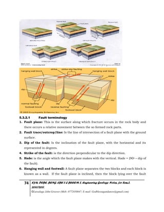74 KYU, DCBE, BENG. CBE 2 & BEEEM 2, Engineering Geology Notes, for Sem.2,
2010/2011.
©Luwalaga John Groover (Mob: 0772450847; E-mail: Godblessugandanow@gmail.com)
5.3.2.1 Fault terminology
1. Fault plane: This is the surface along which fracture occurs in the rock body and
there occurs a relative movement between the so formed rock parts.
2. Fault trace/outcrop/line: Is the line of intersection of a fault plane with the ground
surface.
3. Dip of the fault: Is the inclination of the fault plane, with the horizontal and its
represented in degrees.
4. Strike of the fault: is the direction perpendicular to the dip direction.
5. Hade: is the angle which the fault plane makes with the vertical. Hade = (90o – dip of
the fault).
6. Hanging wall and footwall: A fault plane separates the two blocks and each block is
known as a wall. If the fault plane is inclined, then the block lying over the fault
 