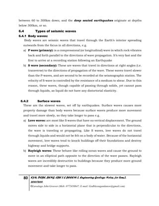 80 KYU, DCBE, BENG. CBE 2 & BEEEM 2, Engineering Geology Notes, for Sem.2,
2010/2011.
©Luwalaga John Groover (Mob: 0772450847; E-mail: Godblessugandanow@gmail.com)
between 60 to 300km down; and the deep seated earthquakes originate at depths
below 300km, or so.
6.4 Types of seismic waves
6.4.1 Body waves:
Body waves are seismic waves that travel through the Earth’s interior spreading
outwards from the focus in all directions, e.g.
a) P wave (primary): is a compressional (or longitudinal) wave in which rock vibrates
back and forth parallel to the directions of wave propagation. It’s very fast and the
first to arrive at a recording station following an Earthquake
b) S wave (secondary): These are waves that travel in directions at right angles (i.e.
transverse) to the directions of propagation of the wave. These waves travel slower
than the P-waves, and are second to be recorded at the seismographic station. The
velocity of S-wave is controlled by the resistance of a medium to shear. Due to this
reason, these waves, though capable of passing through solids, yet cannot pass
through liquids, as liquid do not have any distortorial elasticity.
6.4.2 Surface waves
These are the slowest waves, set off by earthquakes. Surface waves causes more
property damage than body waves because surface waves produce more movement
and travel more slowly, so they take longer to pass e.g.
a) Love waves: are most like S waves that have no vertical displacement. The ground
moves side to side in a horizontal plane that is perpendicular to the directions,
the wave is traveling or propagating. Like S waves, love waves do not travel
through liquids and would not be felt on a body of water. Because of the horizontal
movement, love waves tend to knock buildings off their foundations and destroy
highway and bridge supports.
b) Rayleigh waves: These behave like rolling ocean waves and cause the ground to
move in an elliptical path opposite to the direction of the wave passes. Rayleigh
waves are incredibly destructive to buildings because they produce more ground
movement and take longer to pass.
 