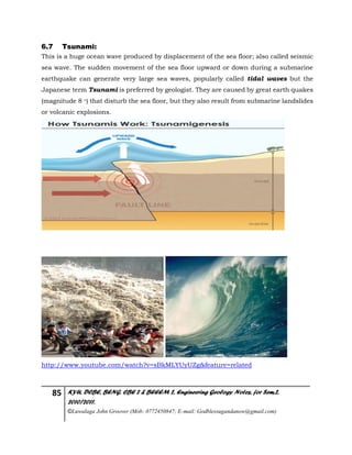 85 KYU, DCBE, BENG. CBE 2 & BEEEM 2, Engineering Geology Notes, for Sem.2,
2010/2011.
©Luwalaga John Groover (Mob: 0772450847; E-mail: Godblessugandanow@gmail.com)
6.7 Tsunami:
This is a huge ocean wave produced by displacement of the sea floor; also called seismic
sea wave. The sudden movement of the sea floor upward or down during a submarine
earthquake can generate very large sea waves, popularly called tidal waves but the
Japanese term Tsunami is preferred by geologist. They are caused by great earth quakes
(magnitude 8 +) that disturb the sea floor, but they also result from submarine landslides
or volcanic explosions.
http://www.youtube.com/watch?v=sBkMLYUyUZg&feature=related
 