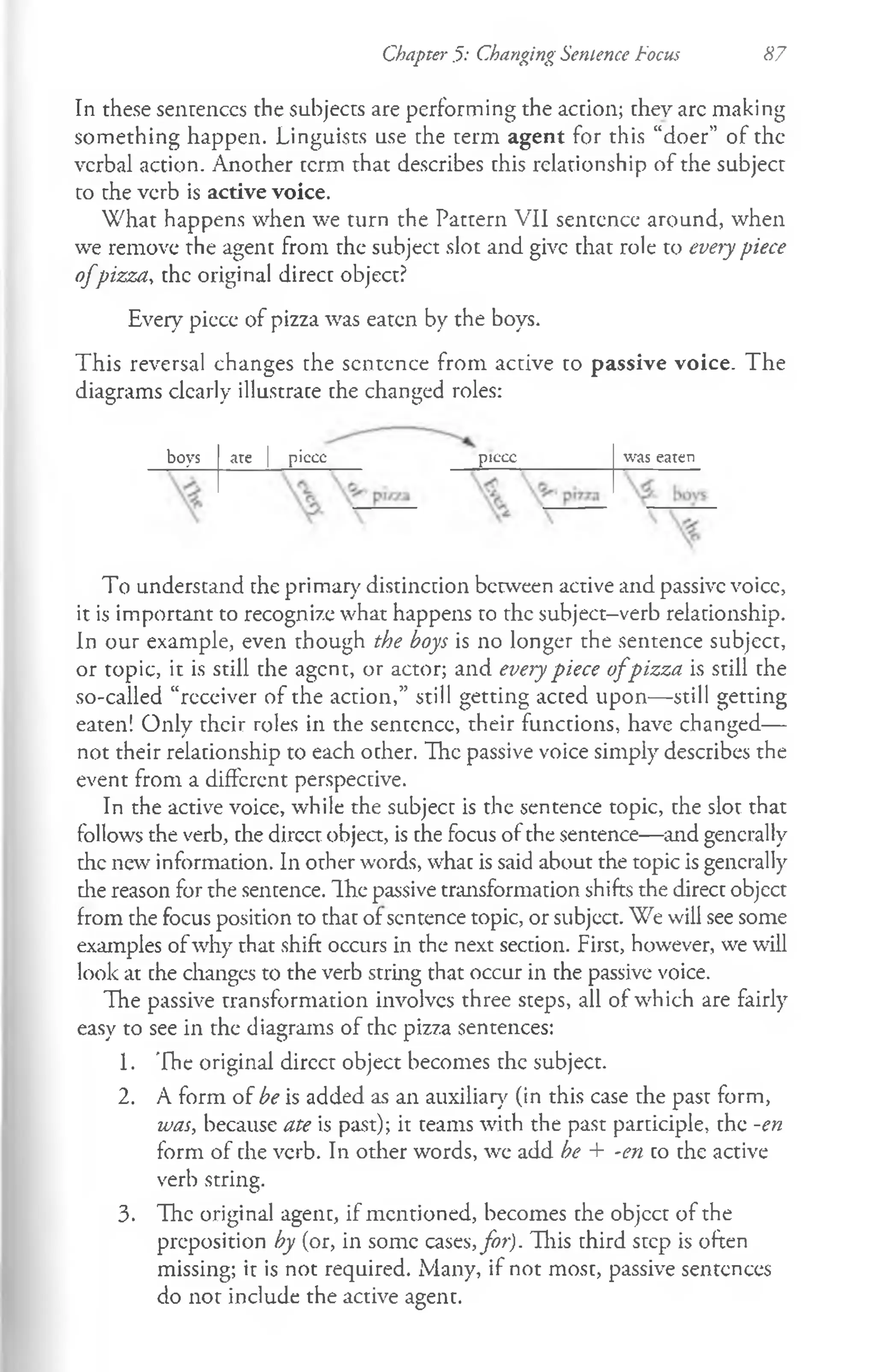 Chapter.5: Changing Sentence Focus 87
In these senrenccs the subjects are performing the action; they arc making
something happen. Linguists use the term agent for this “doer” of the
verbal action. Another term that describes this relationship of the subject
to the verb is active voice.
What happens when we turn the Pattern VII sentence around, when
we remove the agent from the subject slot and give that role to every piece
o fpizza, the original direct object?
Every piece of pizza was eaten by the boys.
This reversal changes the sentence from active to passive voice. The
diagrams clearly illustrate the changed roles:
To understand the primary distinction between active and passive voice,
it is important to recognize what happens to the subject-verb relationship.
In our example, even though the boys is no longer the sentence subject,
or topic, it is still the agent, or actor; and every piece o fpizza is still the
so-called “receiver of the action,” still getting acted upon— still getting
eaten! Only their roles in the sentence, their functions, have changed—
not their relationship to each other. The passive voice simply describes the
event from a different perspective.
In the active voice, while the subject is the sentence topic, the slot that
follows the verb, the direct object, is the focus of the sentence— and generally
the new information. In other words, what is said about the topic is generally
die reason for the sentence. The passive transformation shifts the direct objcct
from the focus position to that of sentence topic, or subject. We will see some
examples ofwhy that shift occurs in the next section. First, however, we will
look at the changes to the verb string that occur in the passive voice.
The passive transformation involves three steps, all of which are fairly
easy to see in the diagrams of the pizza sentences:
1. The original dircct object becomes the subject.
2. A form of be is added as an auxiliary (in this case the past form,
was, because ate is past); it teams with the past participle, the -en
form of the verb. In other words, we add be + -en co the active
verb string.
3. The original agent, if mentioned, becomes the objcct of the
preposition by (or, in some cases,for). This third step is often
missing; it is not required. Many, if not most, passive sentences
do not include the active agent.
boys are | piccc piccc was eaten
 