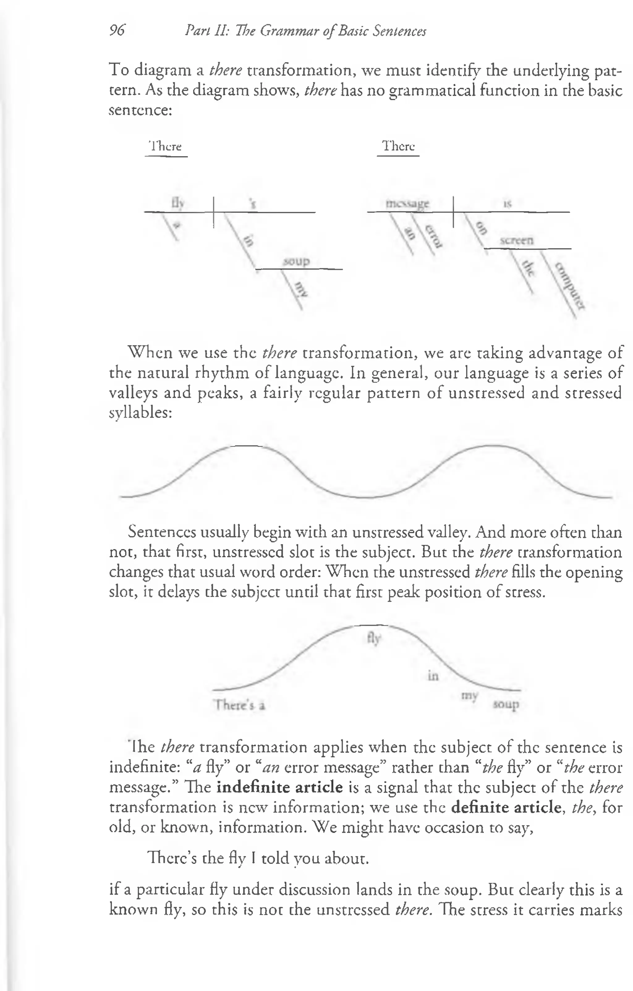 96 Pan II: Tl?e Grammar ofBasic Sentences
To diagram a there transformation, we must identify the underlying pat­
tern. As the diagram shows, there has no grammatical function in the basic
sentence:
‘llicre There
W hen we use the there transformation, we are taking advantage of
the natural rhythm of language. In general, our language is a series of
valleys and peaks, a fairly regular pattern of unstressed and stressed
syllables:
Sentences usually begin with an unstressed valley. And more often than
not, that first, unstressed slot is the subject. But the there transformation
changes that usual word order: When the unstressed there fills the opening
slot, it delays the subject until that first peak position of stress.
Ihe there transformation applies when the subject of the sentence is
indefinite: “a fly” or “an error message” rather than “the fly” or “the error
message.” The indefinite article is a signal that the subject of the there
transformation is new information; we use the definite article, the, for
old, or known, information. We might have occasion to say,
There’s the fly I told you about.
if a particular fly under discussion lands in the soup. But clearly this is a
known fly, so this is not the unstressed there. The stress it carries marks
 