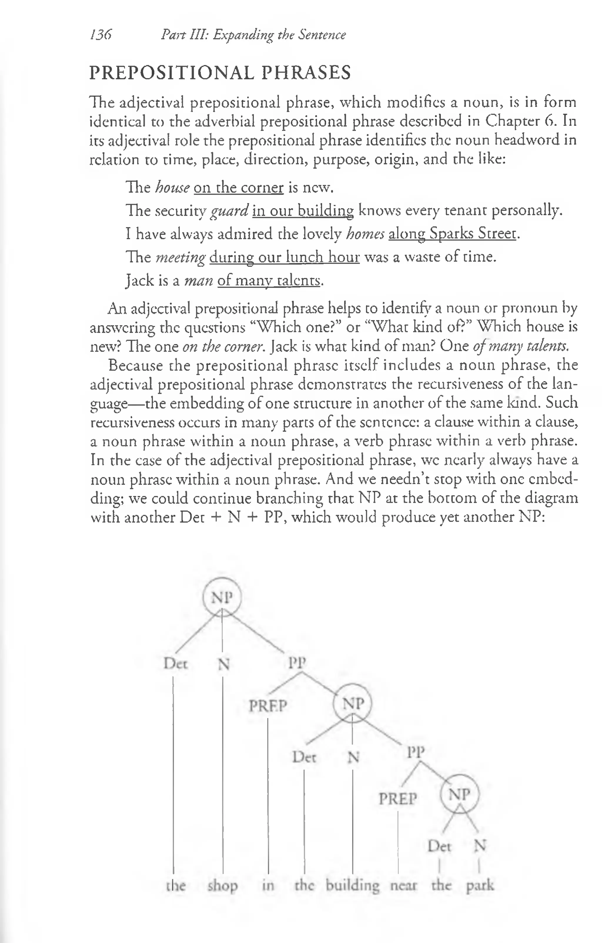 136 Pan III: Expanding the Sentence
P R E P O S IT IO N A L P H R A S E S
The adjectival prepositional phrase, which modifies a noun, is in form
identical to the adverbial prepositional phrase described in Chapter 6. In
its adjectival role the prepositional phrase identifies the noun headword in
relation to time, place, direction, purpose, origin, and the like:
The house on the corner is new.
The security guard in our building knows every tenant personally.
I have always admired the lovely homes along Sparks Street.
The meeting during our lunch hour was a waste of time.
Jack is a man of many talents.
An adjectival prepositional phrase helps to identify a noun or pronoun by
answering the questions “Which one?” or “What kind of?” Which house is
new? The one on the corner. Jack is what kind of man? One of many talents.
Because the prepositional phrase itself includes a noun phrase, the
adjectival prepositional phrase demonstrates the recursiveness of the lan­
guage— the embedding of one structure in another of the same land. Such
recursiveness occurs in many parts of the scntcnce: a clause within a clause,
a noun phrase within a noun phrase, a verb phrase within a verb phrase.
In the case of the adjectival prepositional phrase, wc nearly always have a
noun phrase within a noun phrase. And we needn’t stop with one embed­
ding; we could continue branching that. NP at the bottom of the diagram
with another Det + N + PP, which would produce yet another NP:
 