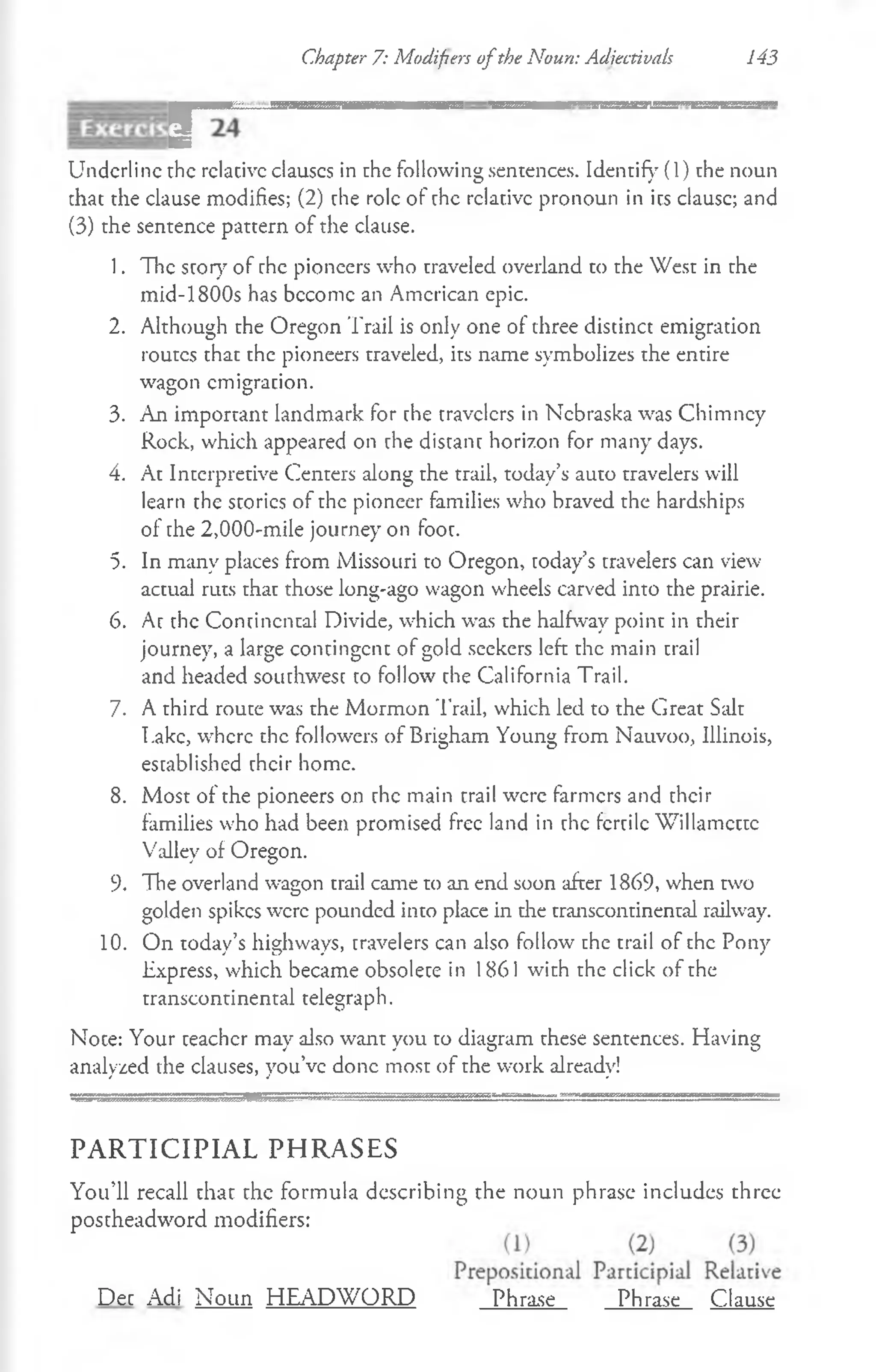 Chapter 7: Modifiers o fthe Noun: Adjectivals 143
9 -
Underline the relative clauscs in che following sentences. Identify (1) the noun
that the clause modifies; (2) che role of che relative pronoun in ics clausc; and
(3) the sentence pattern of the clause.
1. The scory of chc pioneers who traveled overland to the West in the
mid-1800s has bccomc an American epic.
2. Although the Oregon Trail is only one of three distinct emigration
routes that the pioneers traveled, its name symbolizes the entire
wagon emigration.
3. An important landmark for che cravclcrs in Nebraska was Chimney
Rock, which appeared on che discanc horizon for many days.
4. At Interpretive Centers along the trail, today’s auto travelers will
learn the stories of the pioneer families who braved the hardships
of the 2,000-mile journey on fooc.
5. In many places from Missouri to Oregon, today’s cravelers can view
actual ruts that those long-ago wagon wheels carved into the prairie.
6. Ac the Continental Divide, which was the halfway point in their
journey, a large contingent of gold seekers left the main trail
and headed souchwesc co follow che California Trail.
7. A third route was the Mormon Trail, which led to the Great Salt
Lake, where the followers of Brigham Young from Nauvoo, Illinois,
established chcir home.
8. Most of the pioneers on chc main trail were farmers and their
families who had been promised free land in chc fertile Willamcccc
V'alley of Oregon.
9. The overland wagon trail came to an end soon after 1869, when two
golden spikes were pounded into place in the transcontinental railway.
10. On today’s highways, travelers can also follow the trail of the Pony
Express, which became obsolete in 1861 with the click of the
transcontinental telegraph.
Noce: Your ceachcr may also want you to diagram these sentences. Having
analyzed the clauses, you’ve done most of the work already!
P A R T IC IP IA L P H R A S E S
You’ll recall that the formula describing the noun phrase includes three
postheadword modifiers:
Dec Adi Noun HEADW ORD Phrase Phrase Clause
 