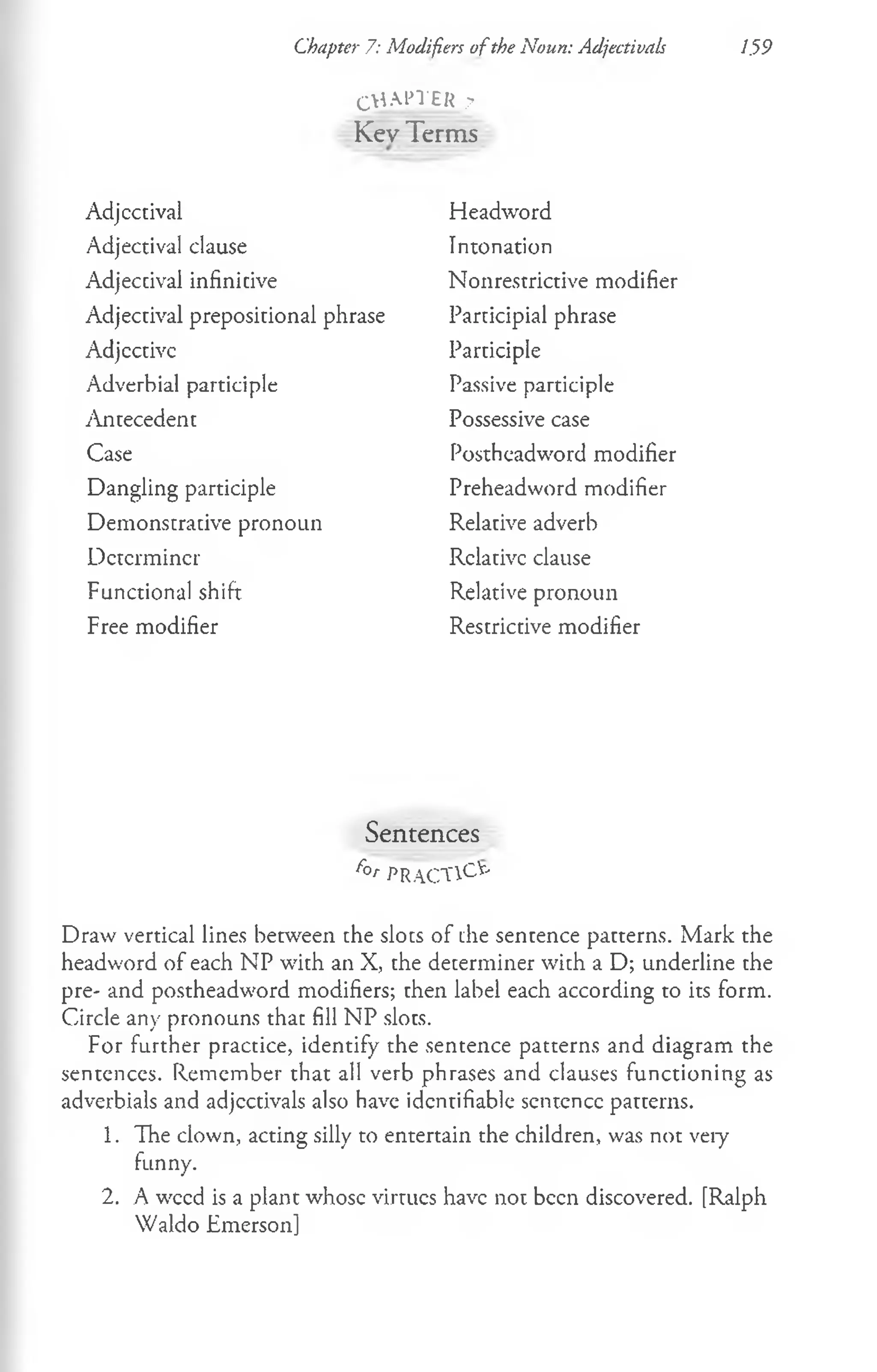 Chapter 7: Modifiers o fthe Noun: Adjectivals 1.59
CHAPTER ?
Kev Terms
Adjcctival
Adjectival clause
Adjectival infinitive
Adjectival prepositional phrase
Adjcctivc
Adverbial participle
Antecedent
Case
Dangling participle
Demonstrative pronoun
Determiner
Functional shift
Free modifier
Headword
Intonation
Nonrestrictive modifier
Participial phrase
Participle
Passive participle
Possessive case
Postheadword modifier
Preheadword modifier
Relative adverb
Relative clause
Relative pronoun
Restrictive modifier
Sentences
f ° r PRAC.TlC.'f-
Draw vertical lines between the slots of the sentence patterns. Mark the
headword of each NP with an X, the determiner with a D; underline the
pre- and postheadword modifiers; then label each according to its form.
Circle any pronouns that fill NP slots.
For further practice, identify the sentence patterns and diagram the
sentences. Remember that all verb phrases and clauses functioning as
adverbials and adjcctivals also have identifiable scntcncc patterns.
1. The clown, acting silly to entertain the children, was not very
funny.
2. A weed is a plant whose virtues have not been discovered. [Ralph
Waldo Emerson]
 