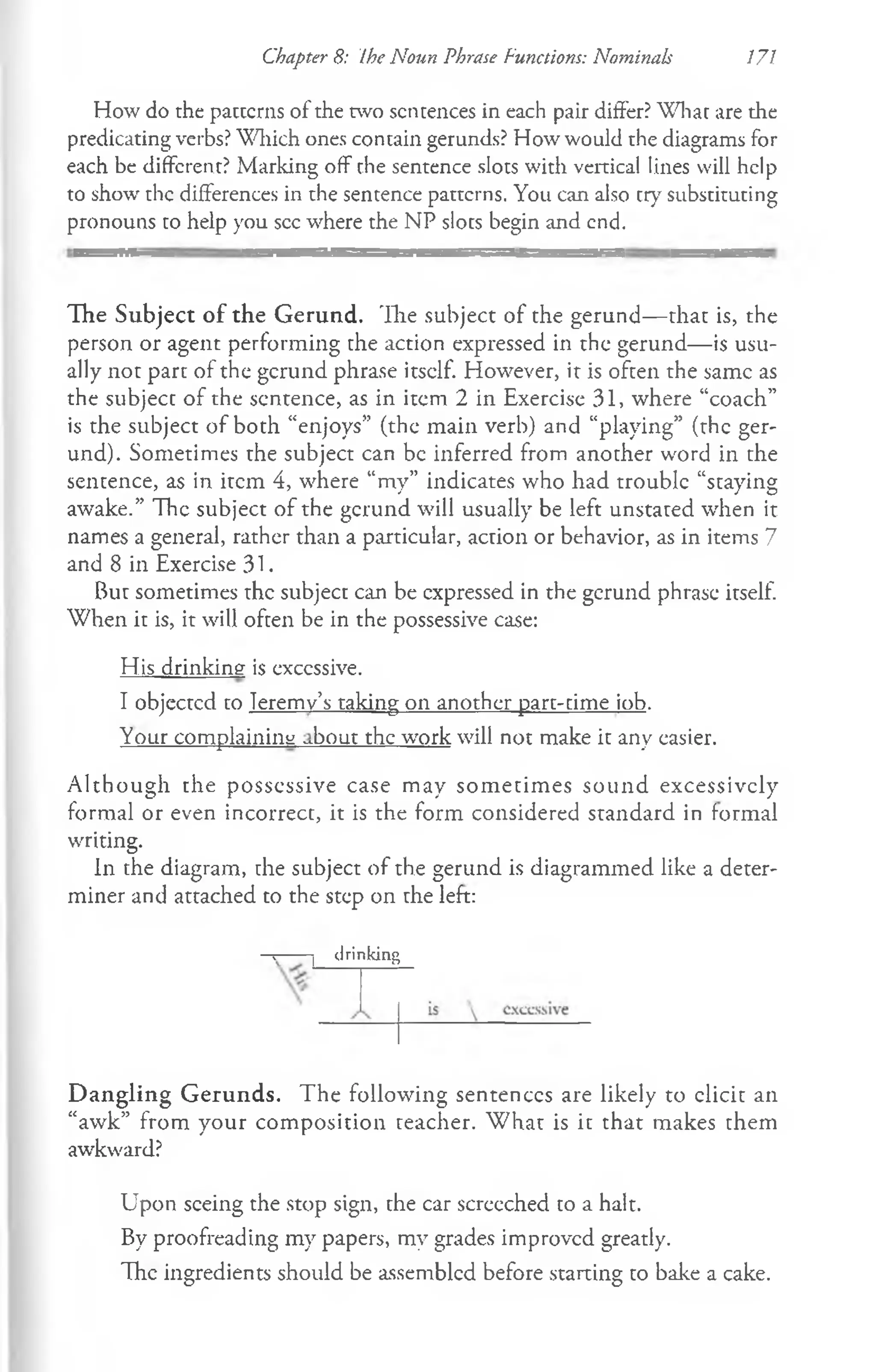 Chapter 8: the Noun Phrase Functions: Nominals 171
How do the pacccrns of the two sentences in each pair differ? What are the
predicating verbs? Which ones contain gerunds? How would the diagrams for
each be different? Marking off the sentence slots with vertical lines will help
to show the differences in the sentence patterns. You can also try substituting
pronouns to help you sec where the NP slots begin and end.
The Subject of the G erund. The subject of the gerund— that is, the
person or agent performing the action expressed in the gerund— is usu­
ally not part of the gerund phrase itself. However, ir is often the same as
the subject of the sentence, as in item 2 in Exercise 31, where “coach”
is the subject of both “enjoys” (the main verb) and “playing” (the ger­
und). Sometimes the subject can be inferred from another w'ord in the
sentence, as in item 4, w'here “my” indicates who had trouble “staying
awake.” The subject of the gerund will usually be left unstated when it
names a general, rather than a particular, action or behavior, as in items 7
and 8 in Exercise 31.
But sometimes the subject can be expressed in the gerund phrase itself.
When it is, it will often be in the possessive case:
His drinking is excessive.
I objected to Teremv’s taking on another part-time iob.
Your compLinink ..bout the work will not make it any easier.
A lthough the possessive case may som etim es sonnd excessively
formal or even incorrect, it is the form considered standard in formal
writing.
In the diagram, the subject of the gerund is diagrammed like a deter­
miner and attached to the step on the left:
-r------j drinking
D angling G erunds. The following sentences are likely to elicit an
“awk” from your composition teacher. W hat is it that makes them
awkward?
Upon seeing the stop sign, the car screeched to a halt.
By proofreading my papers, my grades improved greatly.
The ingredients should be assembled before starting to bake a cake.
 