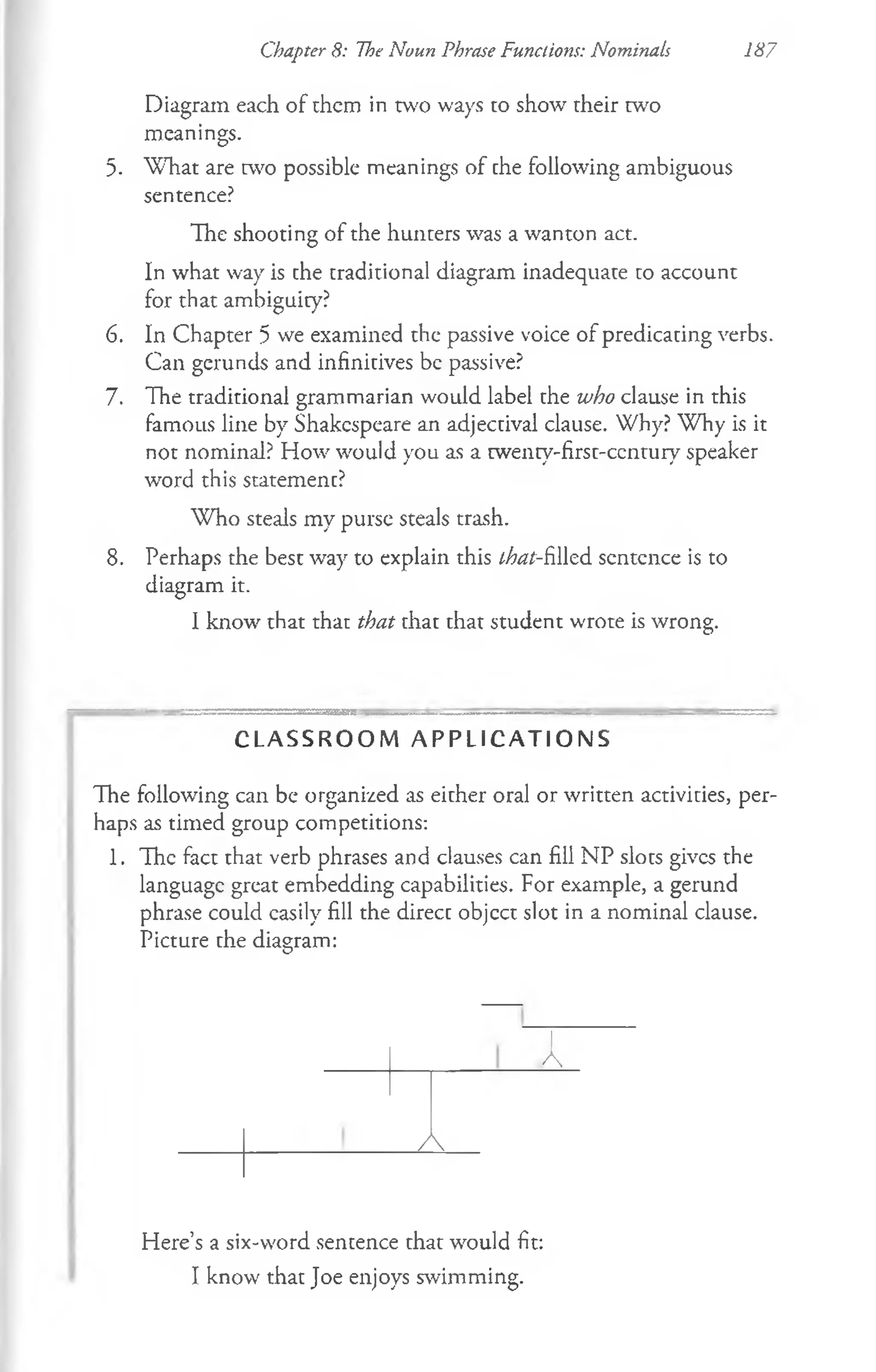 Diagram each of them in two ways to show their w o
meanings.
5. W hat are w o possible meanings of the following ambiguous
sentence?
The shooting of the hunters was a wanton act.
In what way is the traditional diagram inadequate to account
for that ambiguity?
6. In Chapter 5 we examined the passive voice of predicating verbs.
Can gerunds and infinitives be passive?
7. The traditional grammarian would label the who clause in this
famous line by Shakespeare an adjectival clause. Why? Why is it
not nominal? How would you as a wenty-first-ccntury speaker
word this statement?
Who steals my purse steals trash.
8. Perhaps the best way to explain this ^/■-filled sentence is to
diagram it.
I know that that that that that student wrote is wrong.
Chapter 8: The Noun Phrase Functions: Nominals 187
C L A S S R O O M A P P L I C A T I O N S
The following can be organized as either oral or written activities, per­
haps as timed group competitions:
1. The fact that verb phrases and clauses can fill NP slots gives the
language great embedding capabilities. For example, a gerund
phrase could easily fill the direct objcct slot in a nominal clause.
Picture the diagram:
A
A
Here’s a six-word sentence that would fit:
I know that Joe enjoys swimming.
 