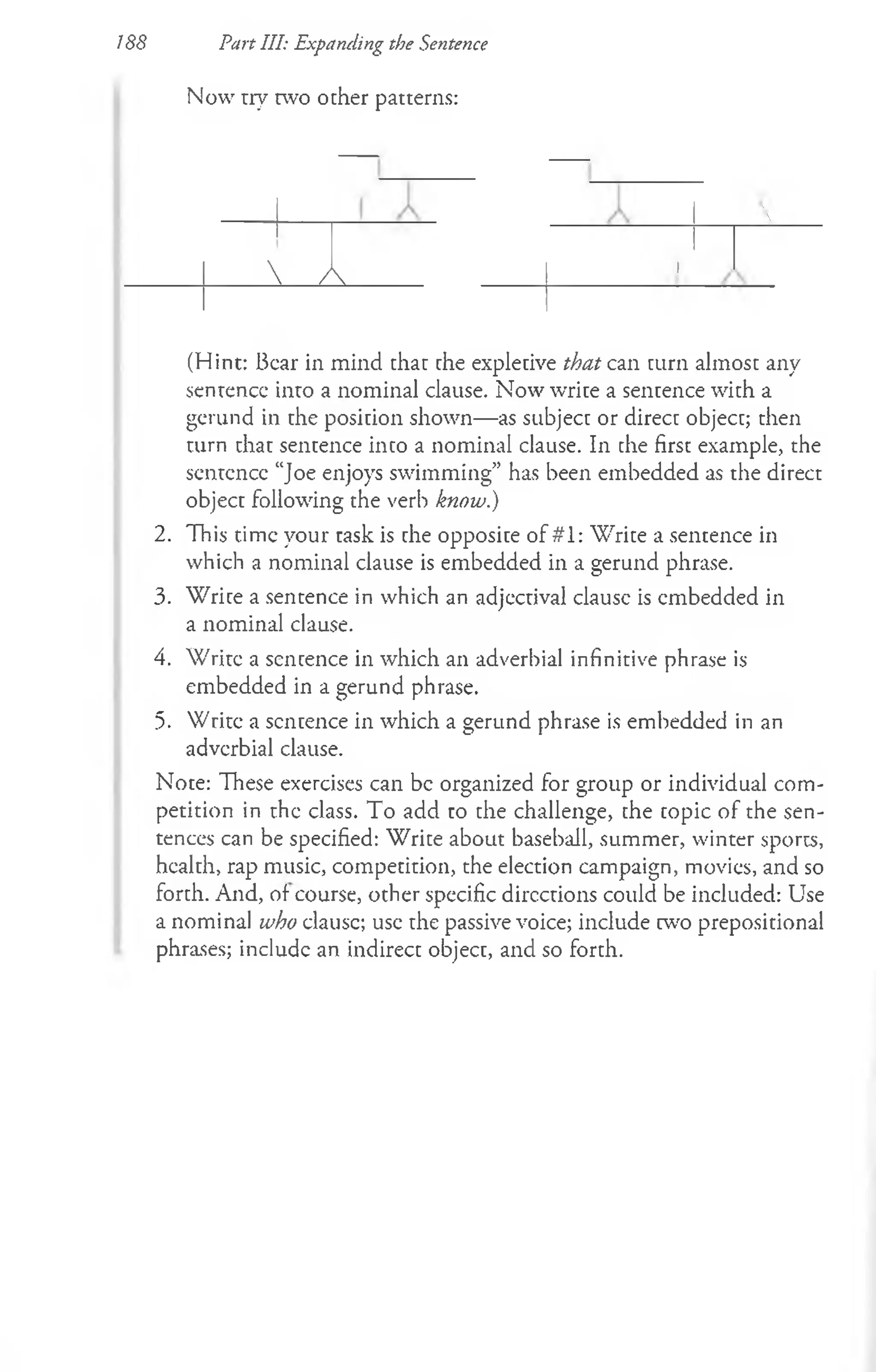 Now try cwo ocher patterns:
188 Pan III: Expanding the Sentence
A ___A

1
(Hint: Bear in mind that che explecive that can cum almosc any
sentence into a nominal clause. Now wrice a sencence wich a
gerund in che posicion shown—as subjecc or direcc objecc; then
turn chac sencence inco a nominal clause. In che firsc example, the
sentence “Joe enjoys swimming” has been embedded as the direct
object following the verb know.)
2. This time your task is che opposice of #1: Wrice a sentence in
which a nominal clause is embedded in a gerund phrase.
3. Wrice a sentence in which an adjectival clause is embedded in
a nominal clause.
4. Wrice a sencence in which an adverbial infinitive phrase is
embedded in a gerund phrase.
5. Write a sencence in which a gerund phrase is embedded in an
adverbial clause.
Note: These exercises can be organized for group or individual com­
petition in the class. To add to the challenge, the copic of the sen­
tences can be specified: Write about baseball, summer, winter sports,
health, rap music, competition, the election campaign, movies, and so
forth. And, of- course, other specific directions could be included: Use
a nominal who clausc; use rhe passive voice; include w o preposicional
phrases; include an indirecc objecc, and so forch.
 